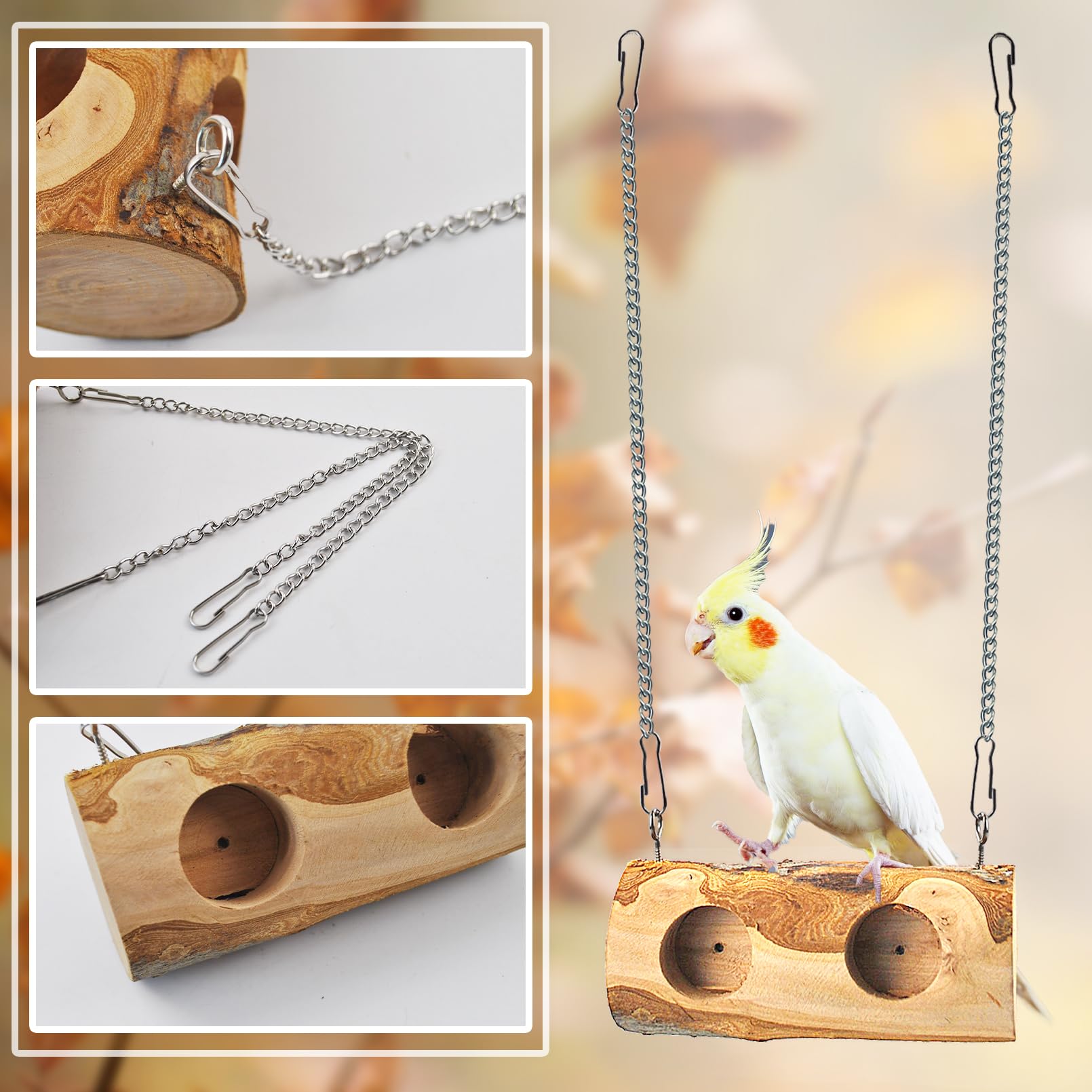 MUYG Wood Bird Swing Toy for Parakeets,2 in 1 Cockatiel Swing for Cage Hanging Standing Chewing Parrot Foraging Toys Natural Bir